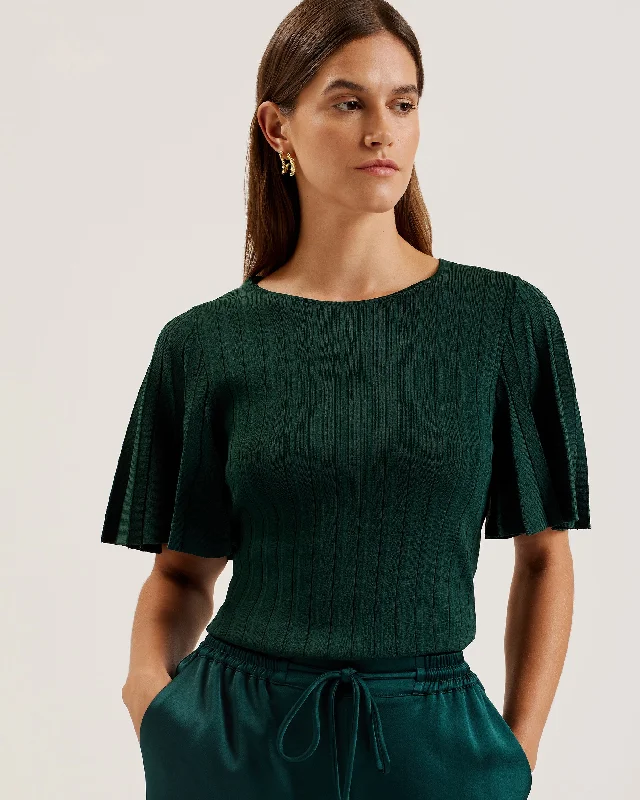 Iivanna Crew Neck Fluted Sleeve Knit Top Dk-Green