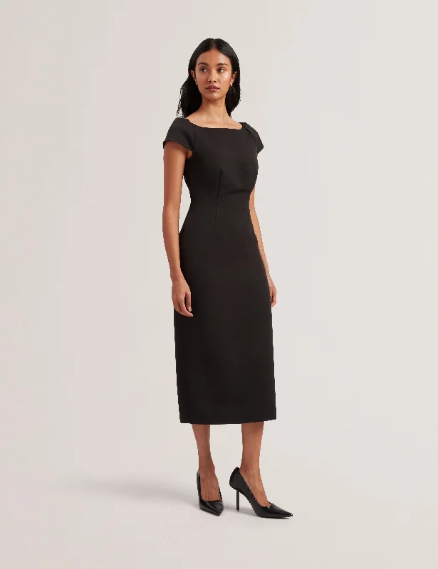 Sassari Slash Neck Midi Dress With Dart Detai Black