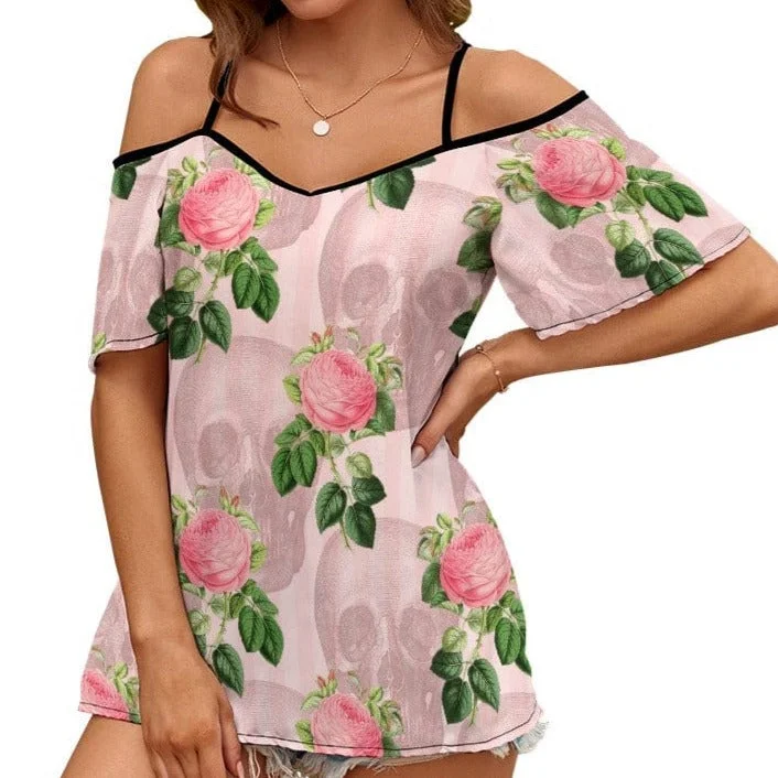 Casual Ladies Pink Skull Floral Off Shoulder Sling Short Sleeve Top