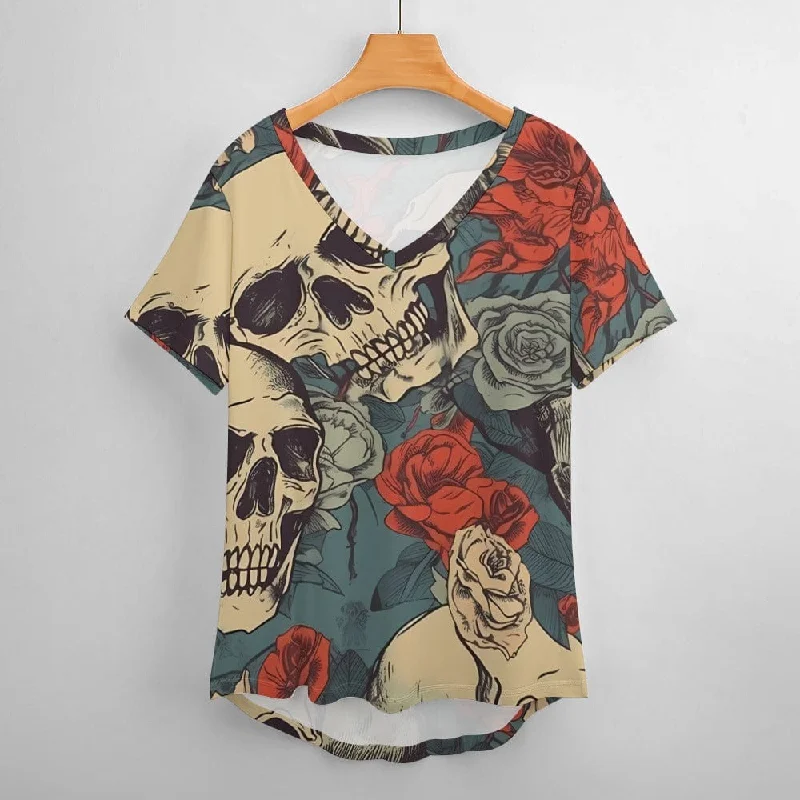 Ladies Beigh Skulls Floral V-Neck Loose Short Sleeve T-Shirt