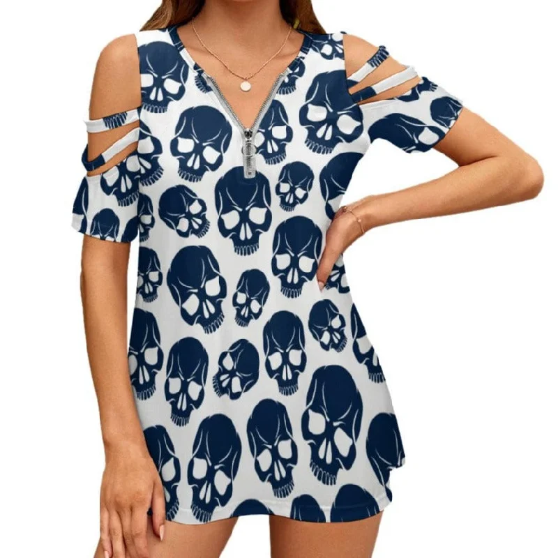 Ladies Blue Skulls Zip Off Shoulder Top