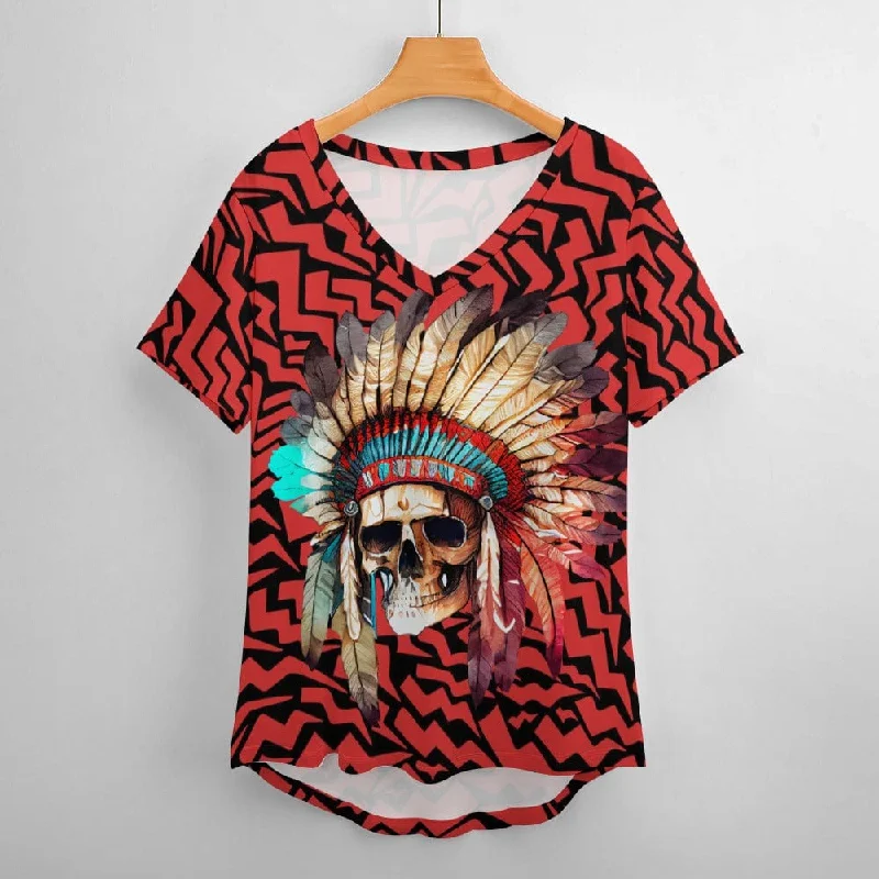 Ladies Indian Skull V-Neck Loose Short Sleeve T-Shirt