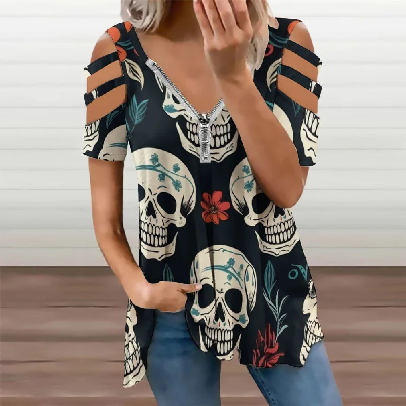 Ladies Skull Floral Zip V-Neck Off Shoulder Top