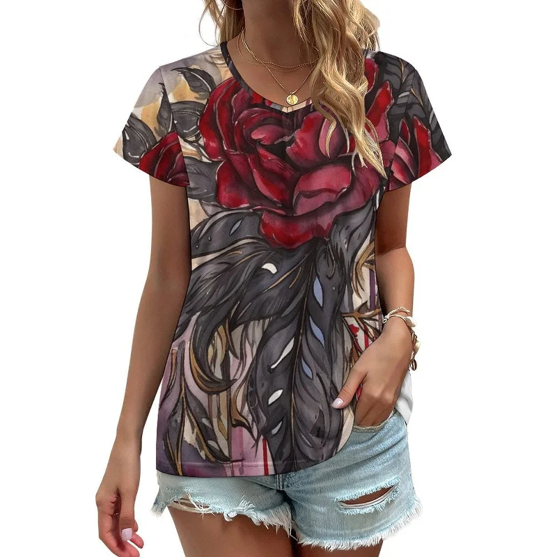 Women's Gothic Red Rose V-Neck Short Sleeve T-Shirt