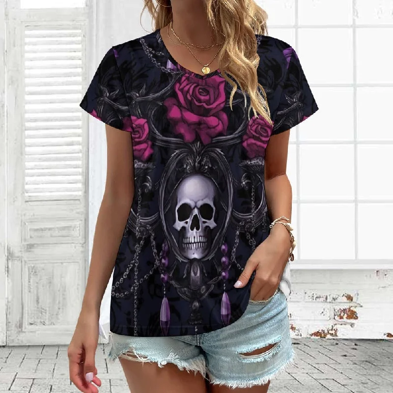 Women's Skull Roses V-neck Short Sleeve T-shirt