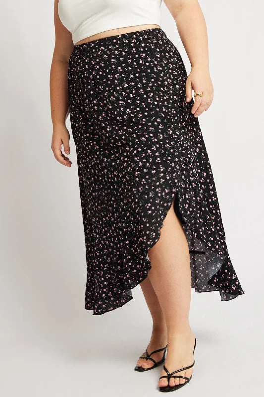 Black Ditsy Frill Maxi Skirt