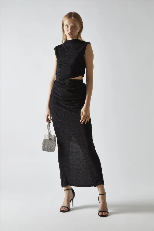 Black-Glitter Ruched Midaxi-Skirt