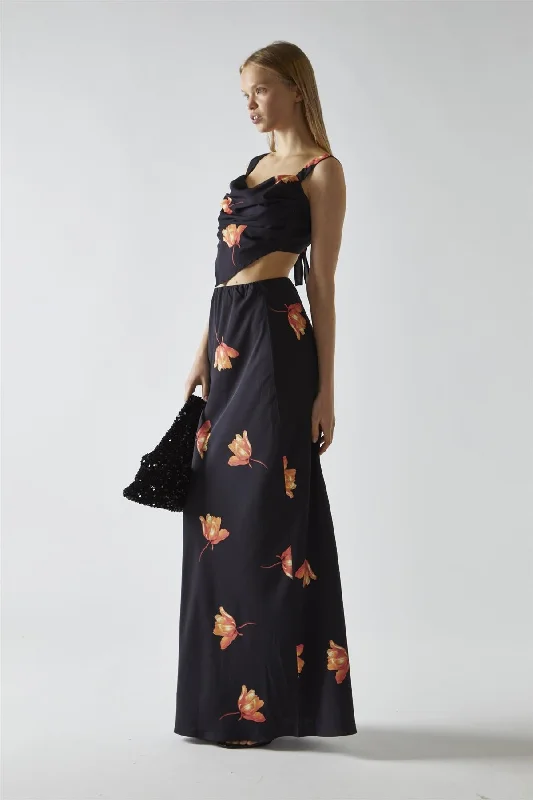 Black-Orange Flower Bias-Cut Maxi-Skirt