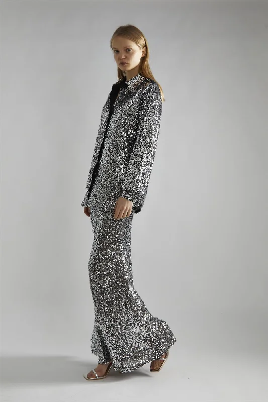 Black-Silver Sequin Bias-Cut Maxi-Skirt