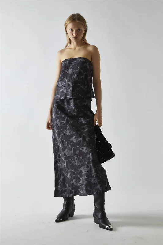 Charcoal Digital-Floral Midi Skirt