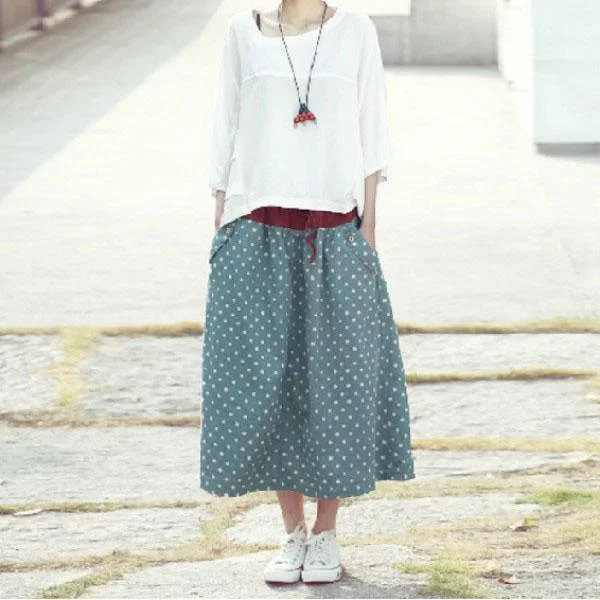 Green dotted linen skirts plus size skirt