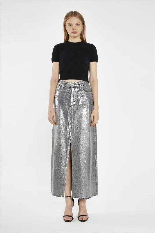 Grey Silver-Foil Denim Split-Front Midi-Skirt