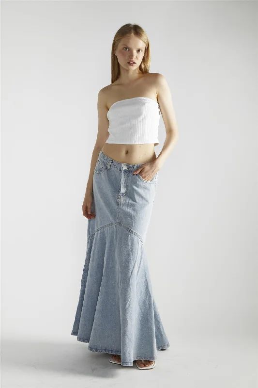 Light Stonewash Denim Fishtail Maxi-Skirt