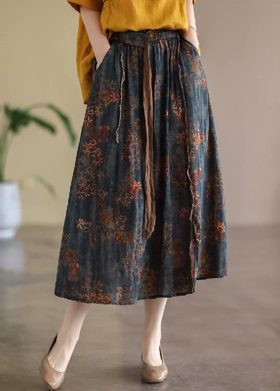 Navy Patchwork Linen A Line Skirts Oversized Spring