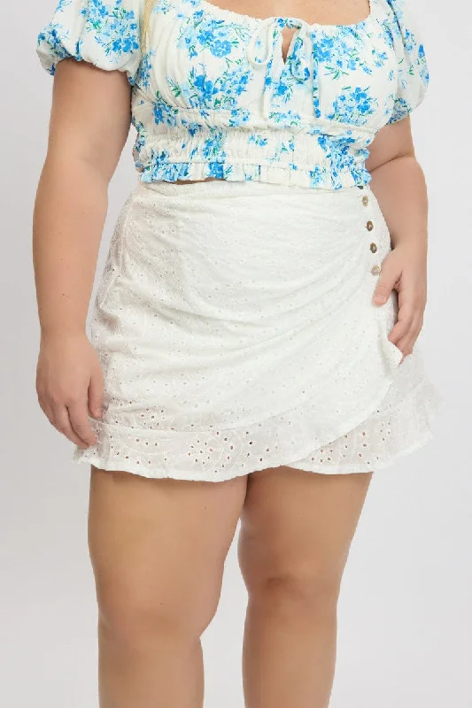 White Eyelet Cotton Lace Button Mini Skirt