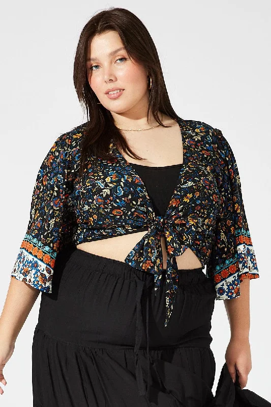 Black Boho Tie Front Bolero Top Flare Sleeve