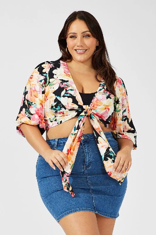 Black Floral Crop Top Short Sleeve Tie Front