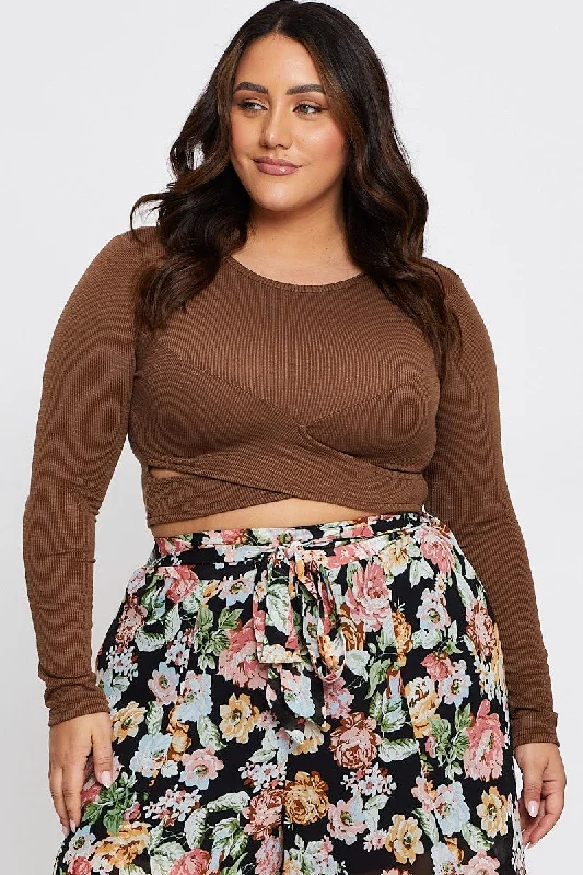 Brown Crop Top Crew Neck Long Sleeve Cross Front