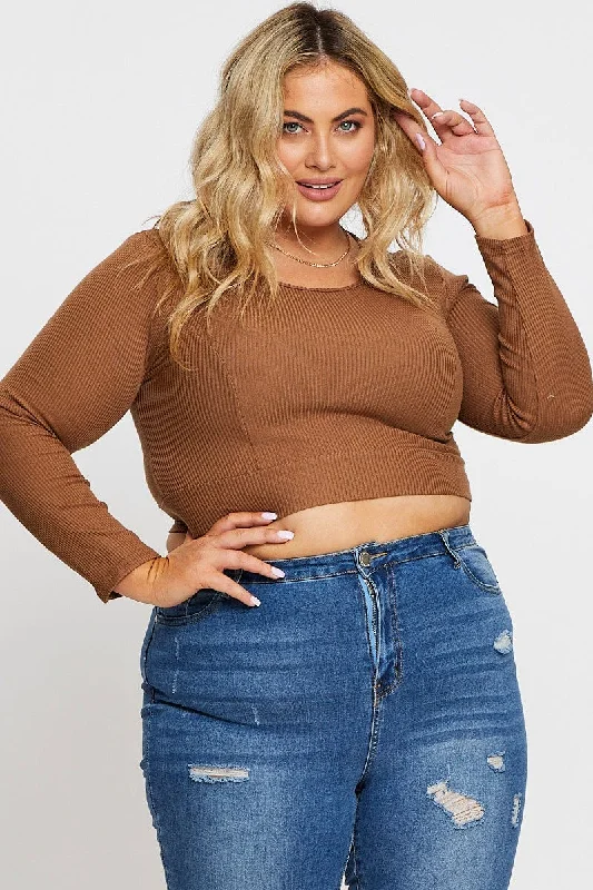 Brown Long Sleeve Bodice Detail Top