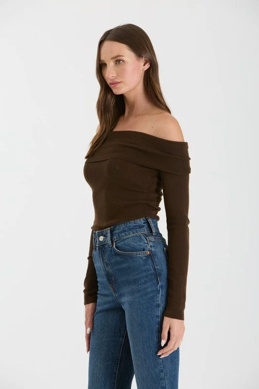 Brynn Long Sleeve Off The Shoulder Sweater Top Brown