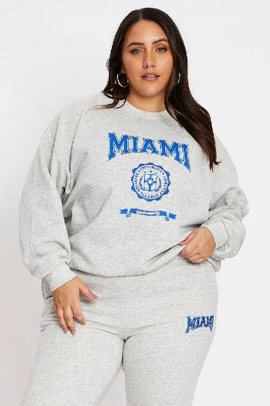 Grey Long Sleeve Miami Embroidery Stripe Trim Sweat