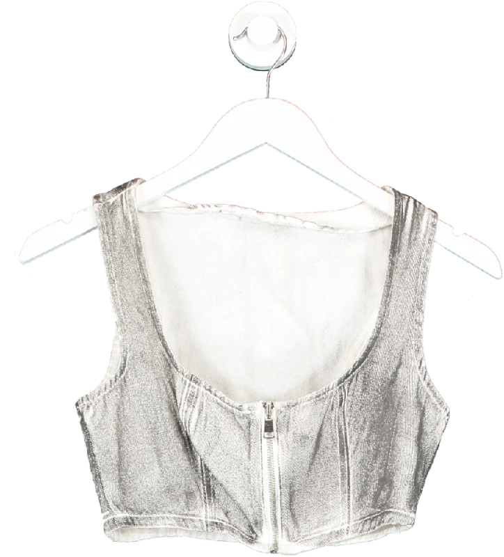 Nasty Gal Grey Distressed Metallic Coated Denim Corset Top UK 8