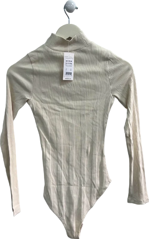 New Look Cream Stand Neck Var Rib Bodysuit UK 6