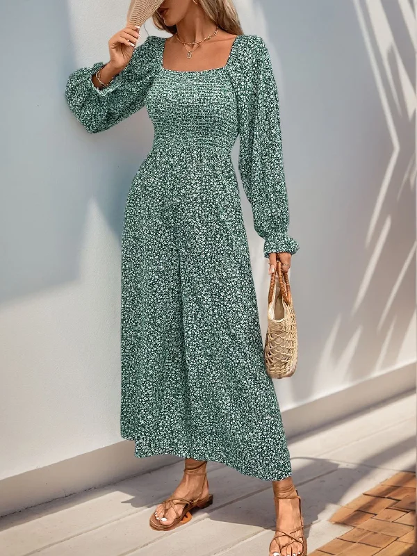 Perfee Smocked Printed Long Sleeve Wide Leg Jumpsuit