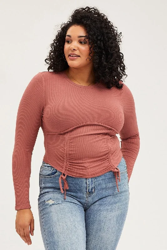 Pink Corset Top Drawstring Long Sleeve Crew Neck