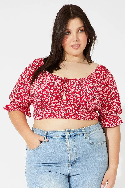 Red Ditsy Crop Top Short Sleeve Cut Out