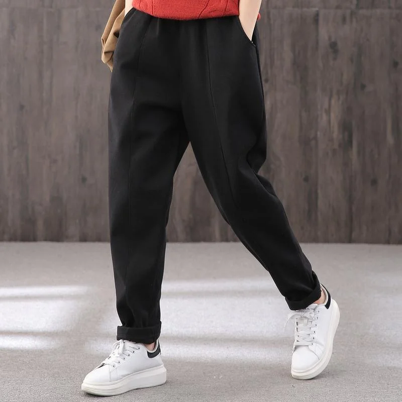 Thicken harem pants female elastic waist literary winter warm black casual pants