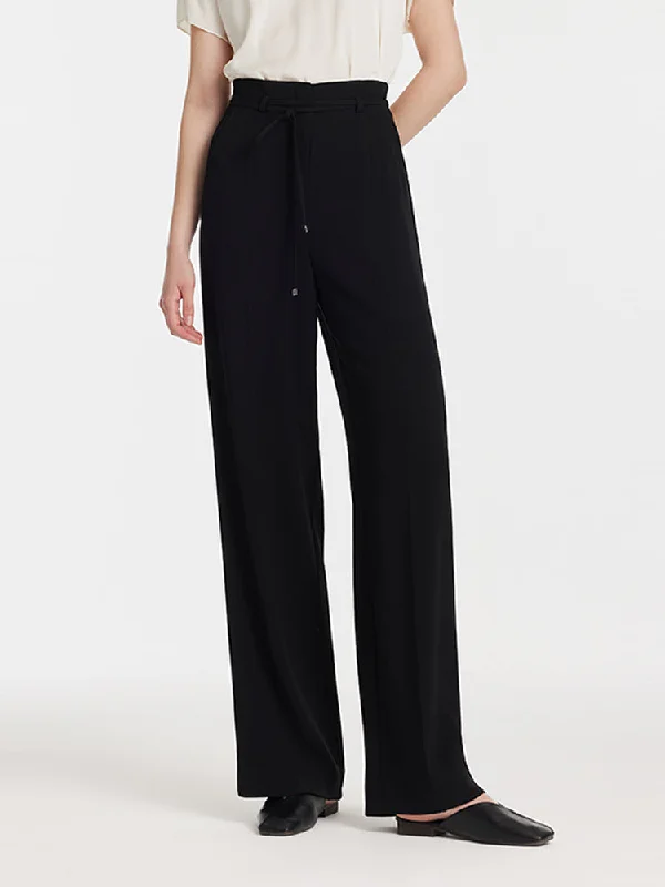 Triacetate High-Waisted Straight Women Pants With Rope Belt