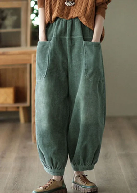 Unique Green Elastic Waist Oversized Pockets Warm Fleece Pants Winter