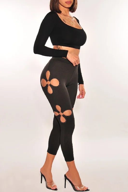 Charcoal Ribbed Flower O-Ring Cut Out Leggings