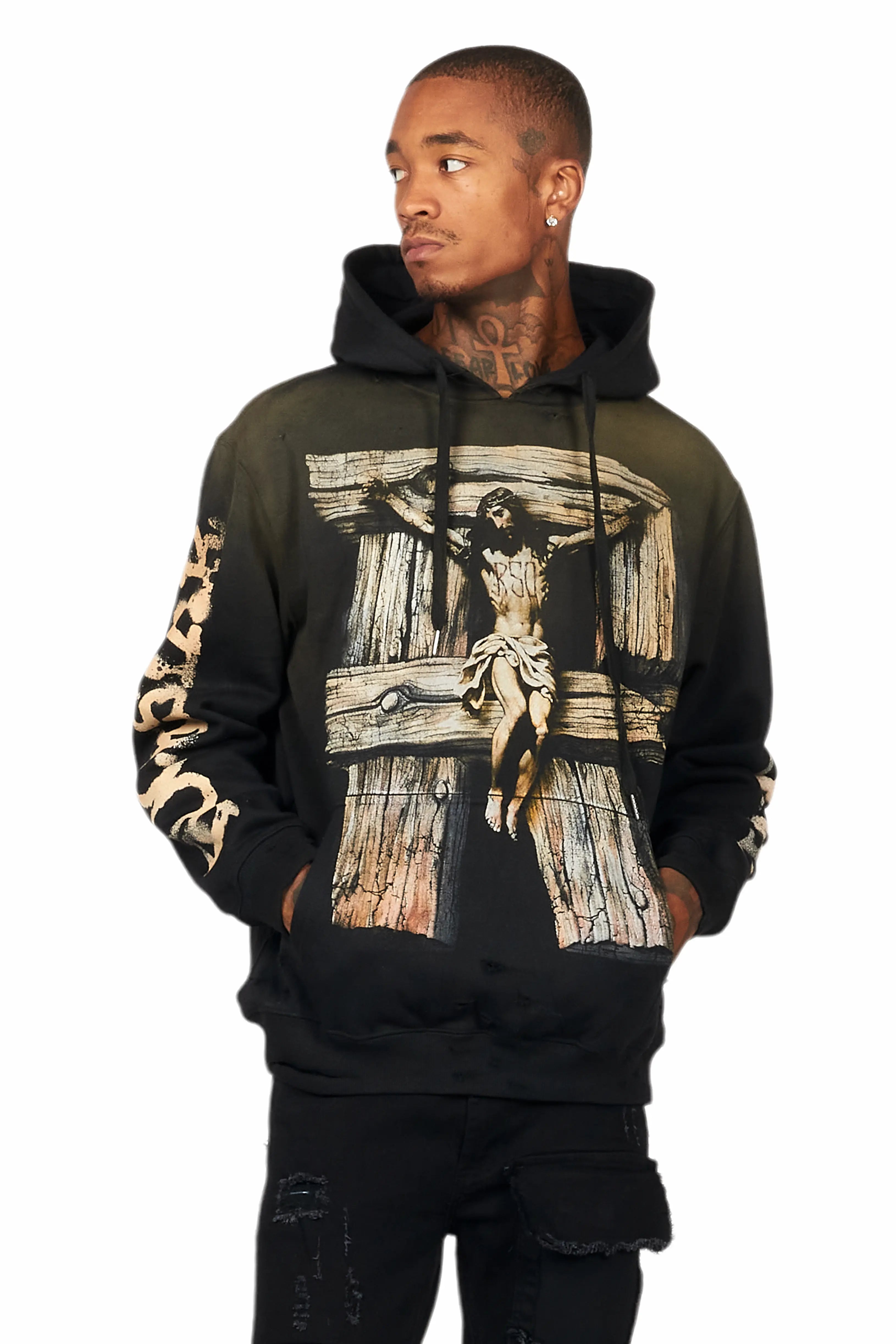 Panos Black Graphic Distressed Hoodie