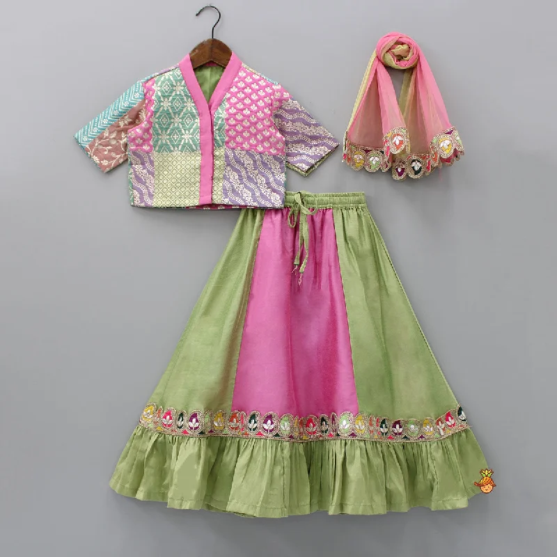 Multicolour Top And Ruffle Hem Colour Block Lehenga With Dual Tone Dupatta