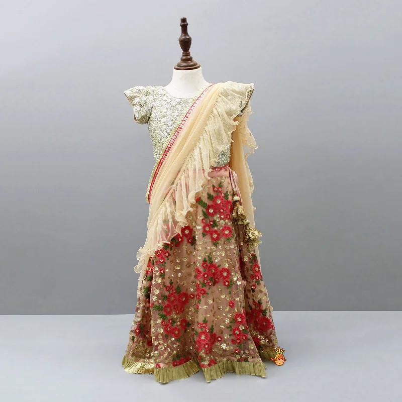 Stylish Sequin Top And Embroidered Lehenga With Attached Dupatta