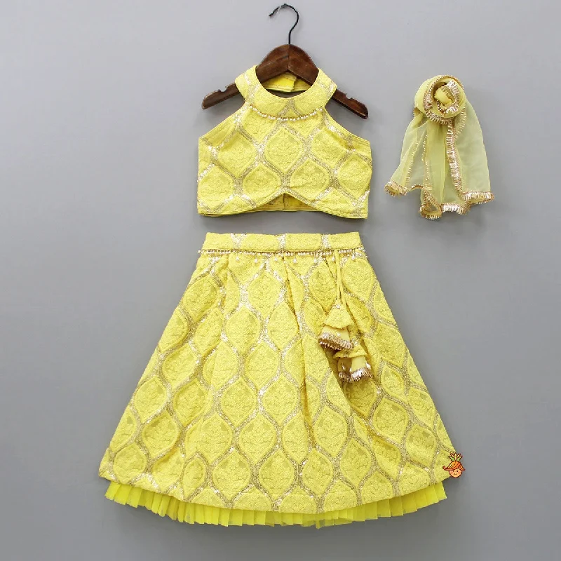 Yellow Chikankari Embroidered Halter Neck Crop Top With Lehenga And Dupatta