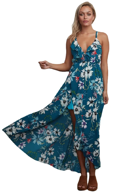 2024Slate Blue Floral Chiffon Spaghetti Straps Maxi Dress