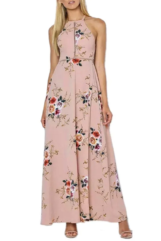 Apricot Floral Cutout Back Halter Split Maxi Boho Dress