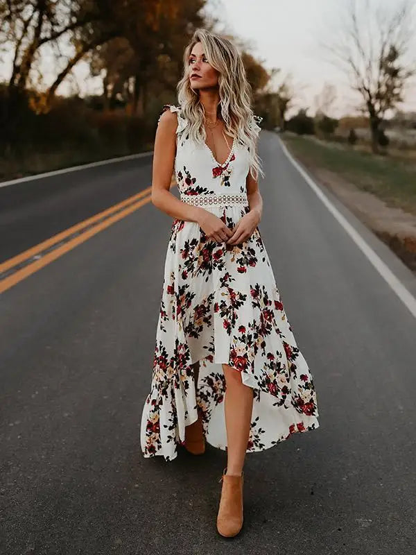 2024 Asymmetrical Black and White Floral Maxi Boho Dress