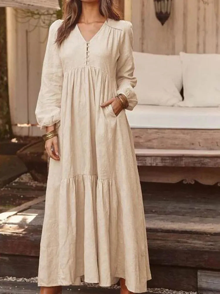 2024 Retro Solid Color Maxi Cotton Boho Dress for Women