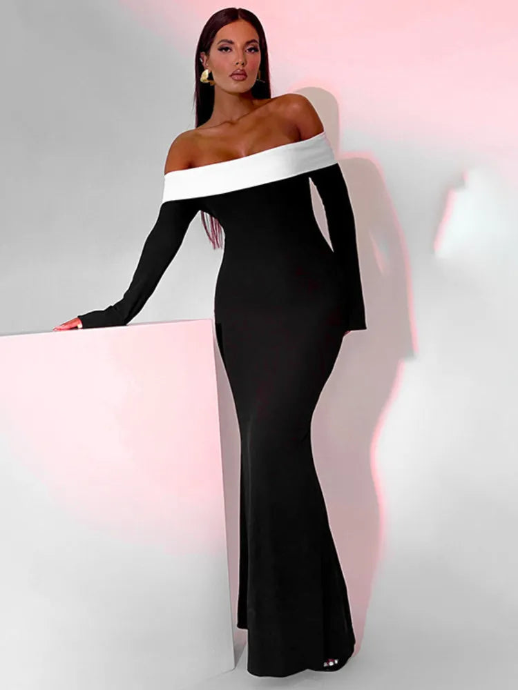 2024 Contrast Color Off-shoulder Backless Maxi Dress