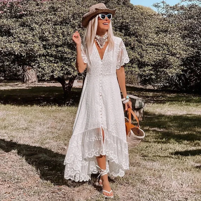 2024 Bohemian Spaghetti Strap Floral Lace Beach Maxi Dress