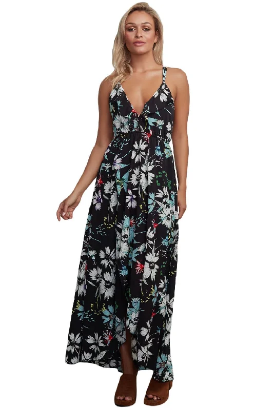 Black Floral Chiffon Spaghetti Straps Maxi Dress