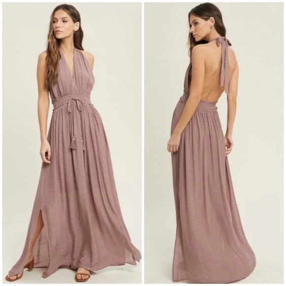 Dark Mauve Solid Halter Smocked Waist Maxi Casual Boho Dress w/ Side Slits