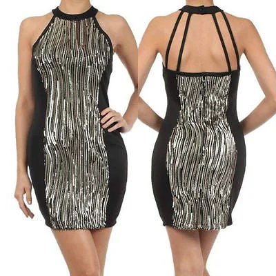 Dress Cocktail Sequin Gold Sparkling Textured Panel Halter Sexy Mini