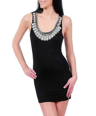 Dress Mini Beaded Jeweled Scoop Neckline Black Stretch Bodycon Sexy