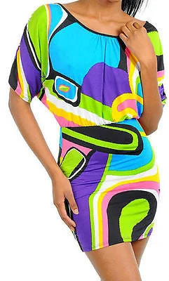 Dress Mini Colorful Geometric Abstract Dolman Sleeve Backside Keyhole