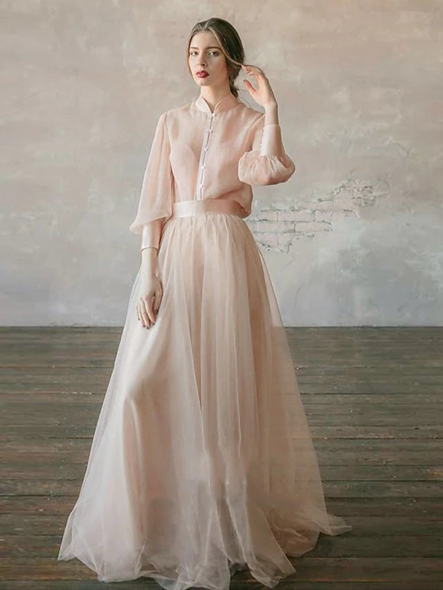 Empire Minimalist Wedding Guest Formal Evening Birthday Dress Stand Collar Long Sleeve Floor Length Chiffon with Tier